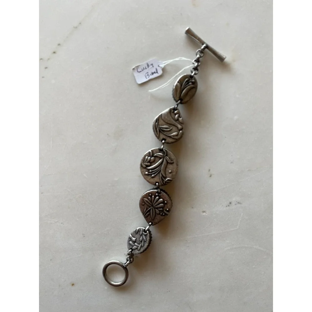 LUCKY BRAND Vintge Reversible Silver Tone Link Bracelet Toggle 8” Green Stones